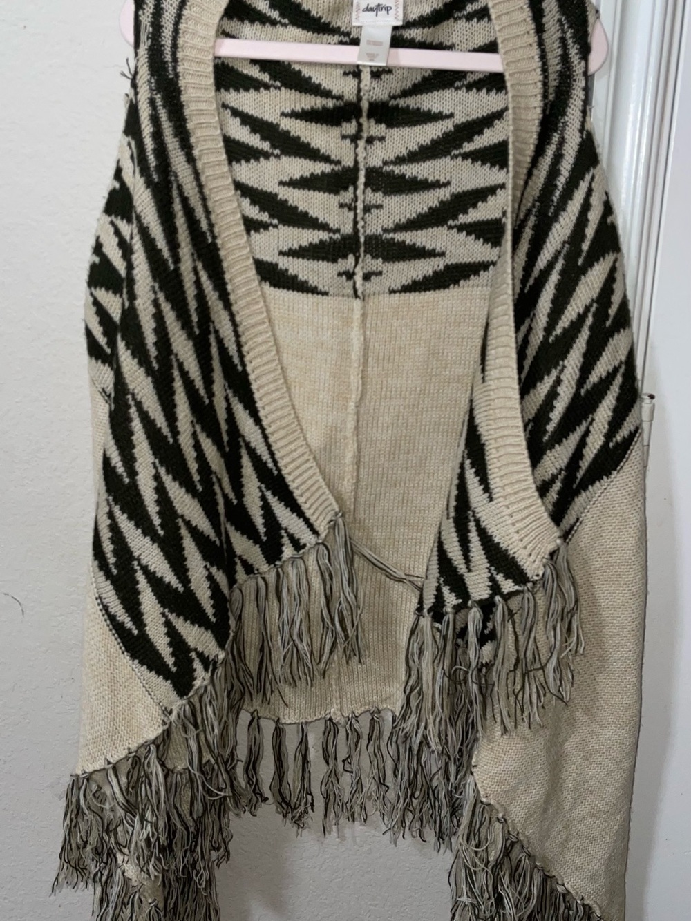 Daytrip Cream & Olive Green Geometric Fringe Open Knit Poncho